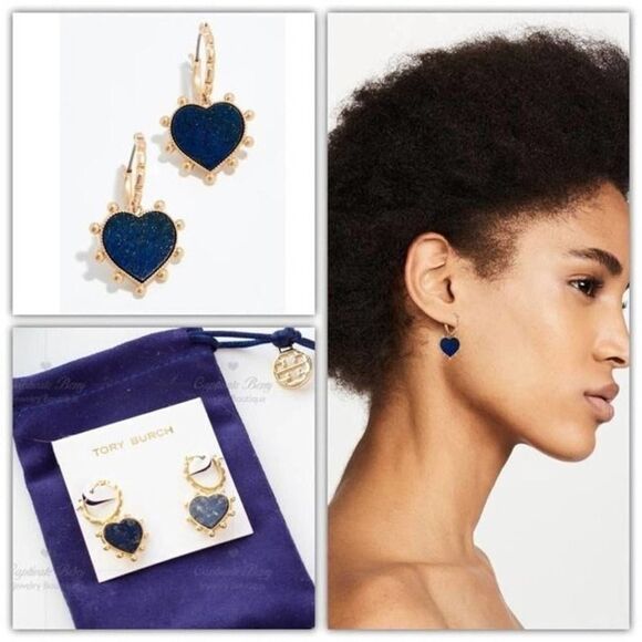 Tory Burch Jewelry - NWOT Tory Burch Gold Drop Blue Lapis Heart Earrings